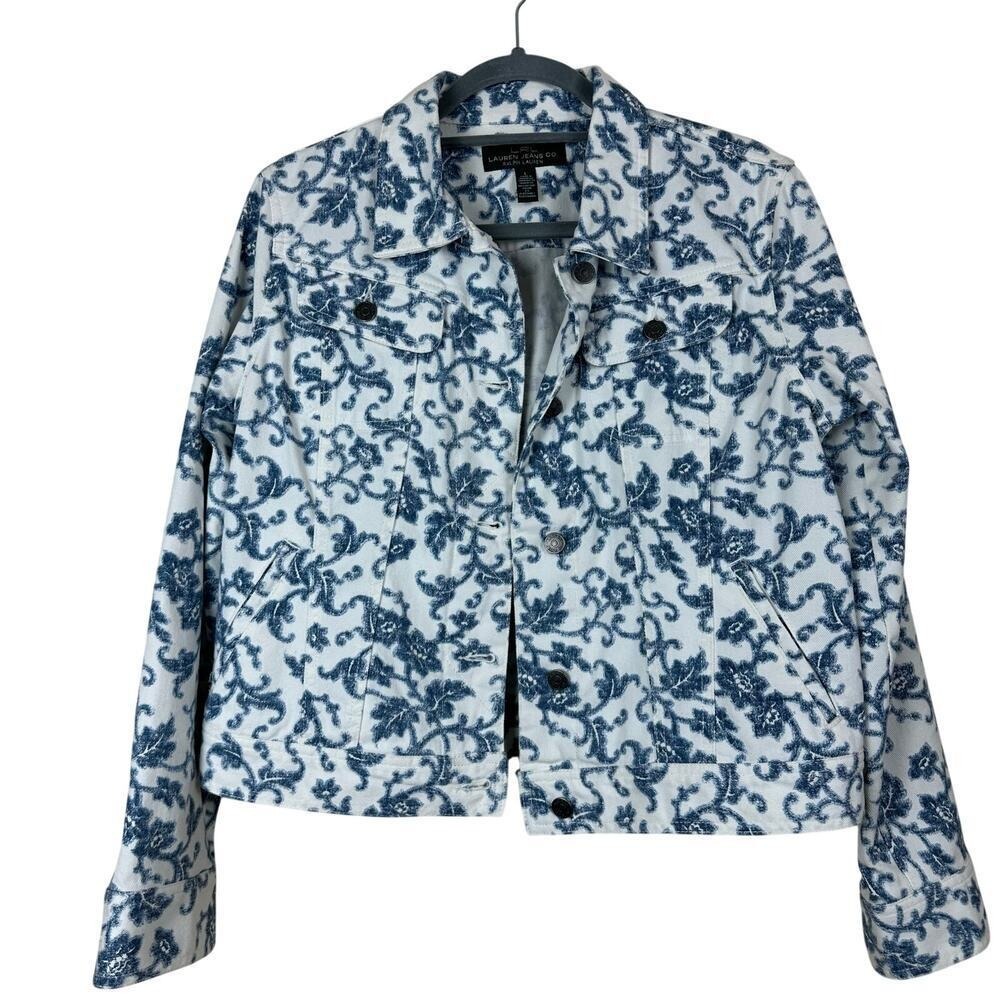 LRL Ralph Lauren Coquette Preppy Coastal Floral Denim Jacket Cropped Chic M